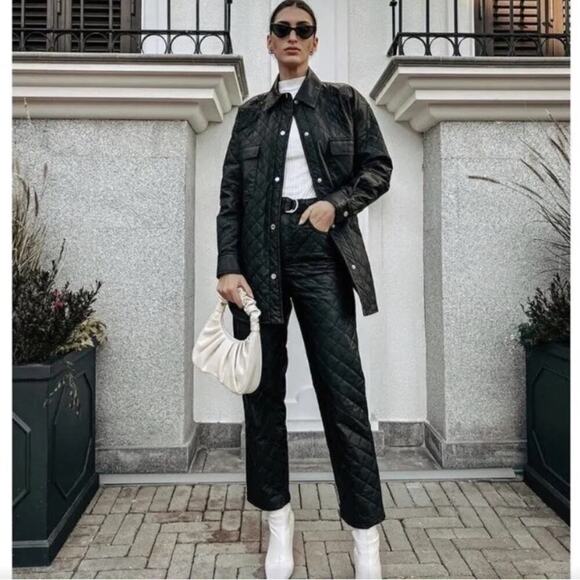 Zara Faux Leather Belted High Waist Pants Trousers 4387/223 XS Black Straight - Picture 1 of 15